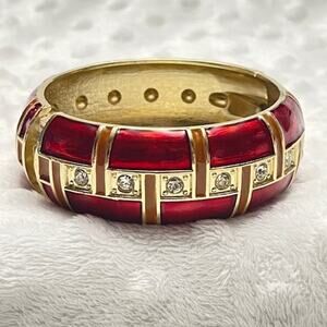 Vintage Gold Tone, Red & Light Brown Enameled Hinged Cuff Bracelet w/Crystals